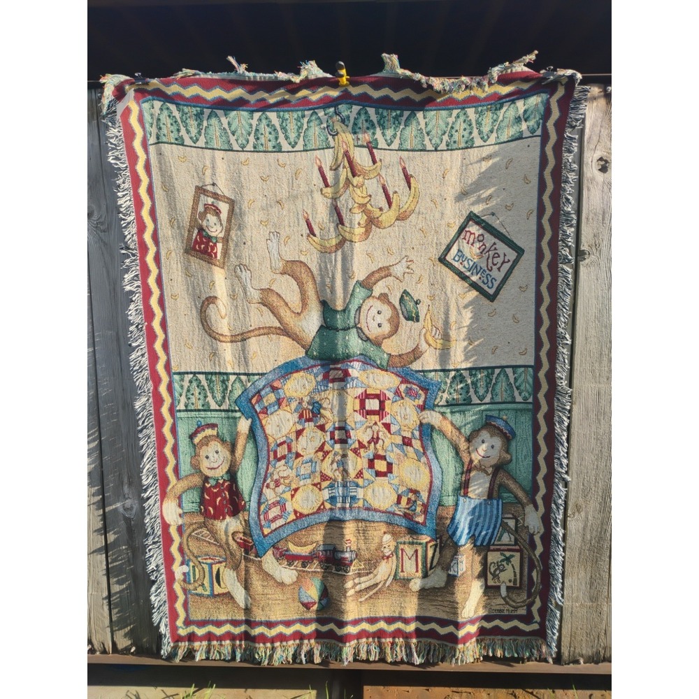 NWT Debbie Mumm Monkey‎ Business Throw Tapestry Blanket 53" x 71"